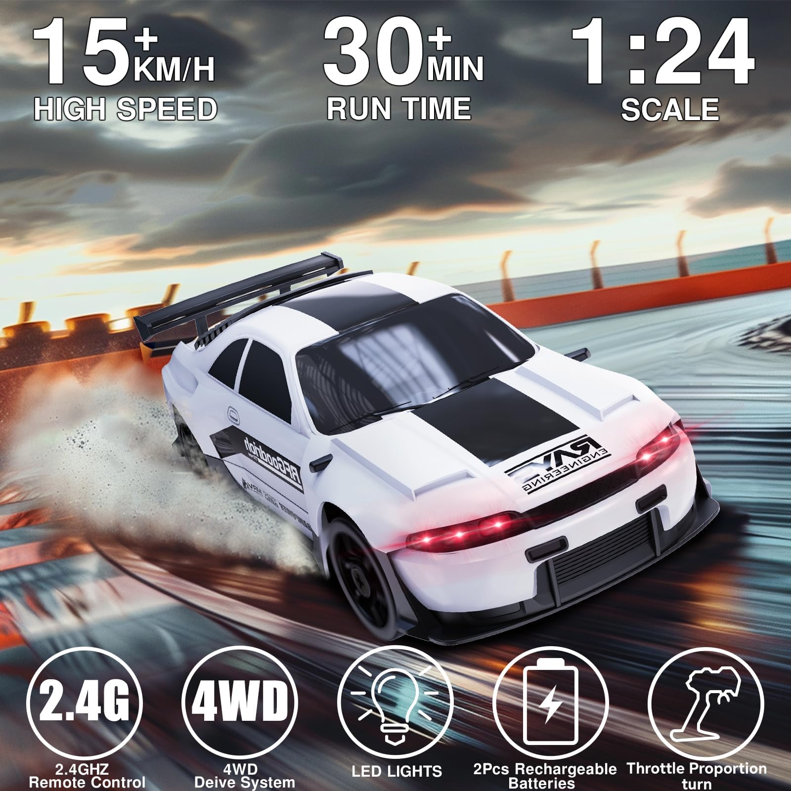 LFOLUSU RC drift car showing four-wheel drive system for strong traction.