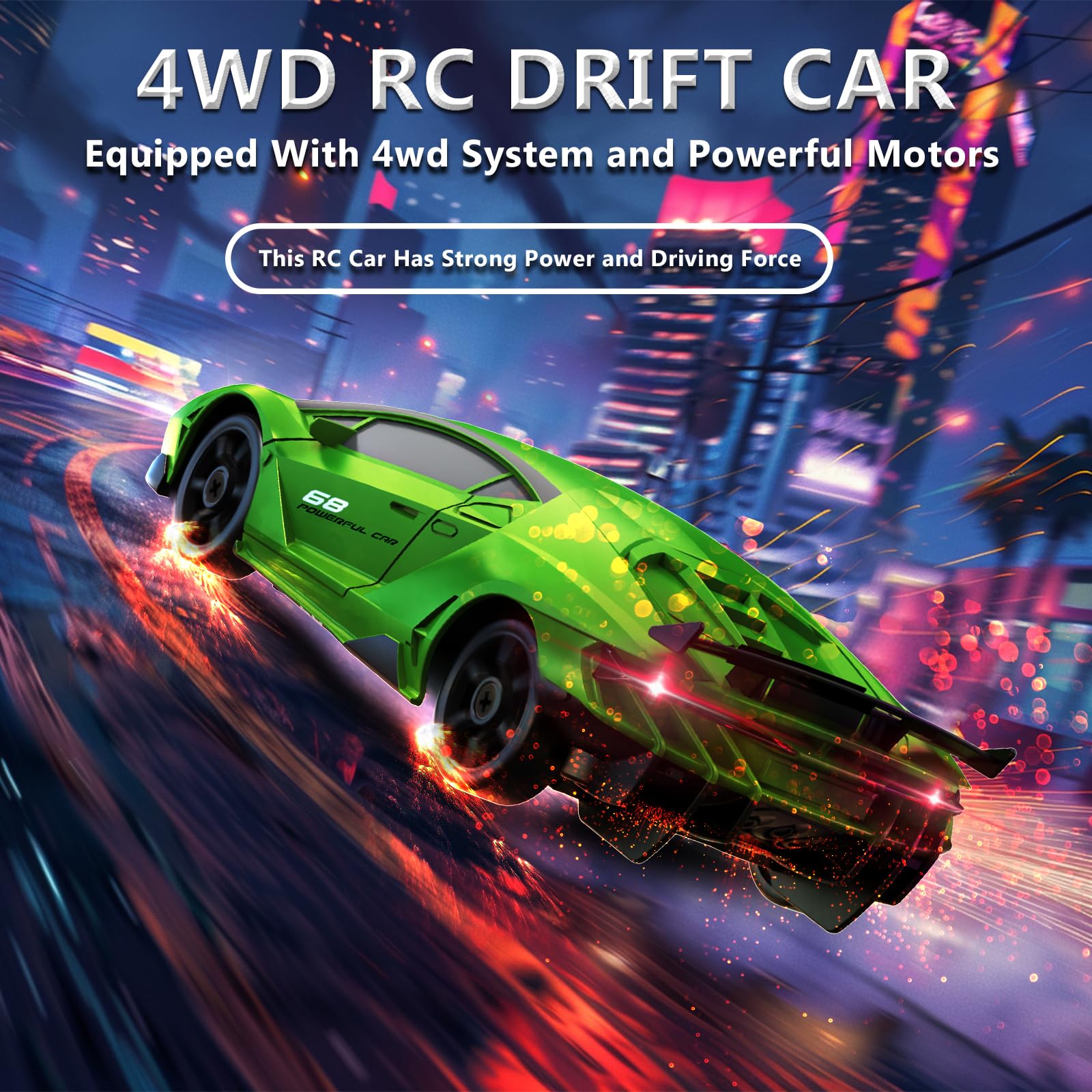 LFOLUSU RC drift car's 4WD traction powers stable handling on diverse surfaces.