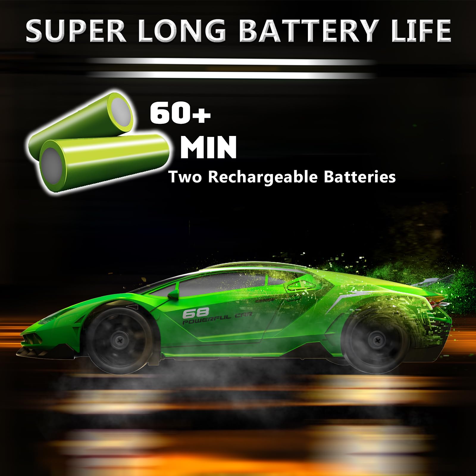 LFOLUSU RC drift car dual 500mAh batteries extend playtime up to two hours.