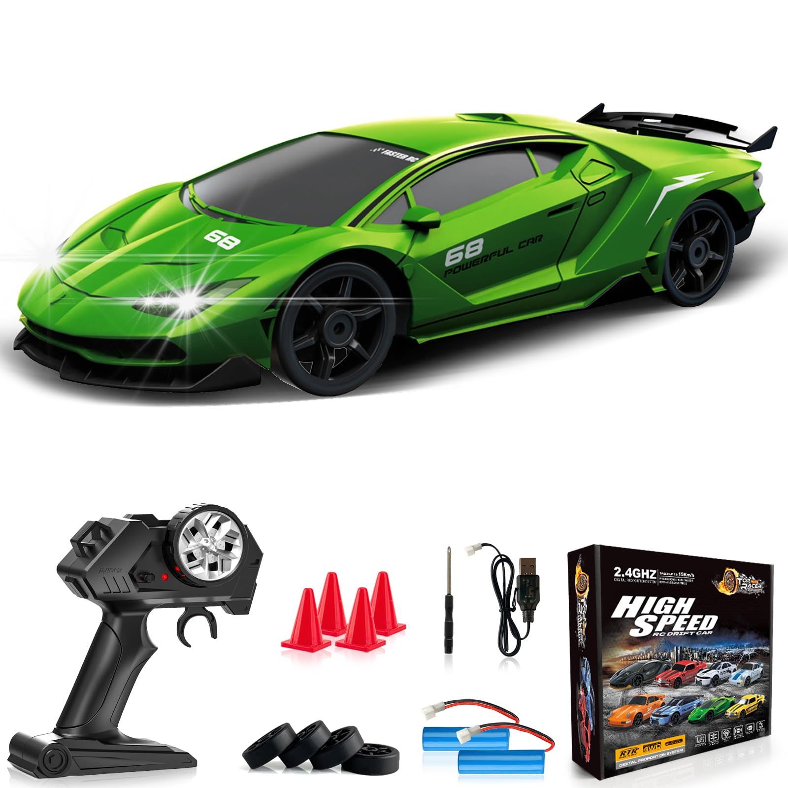 LFOLUSU RC drift car front LED lights brighten night driving and showy drifts.