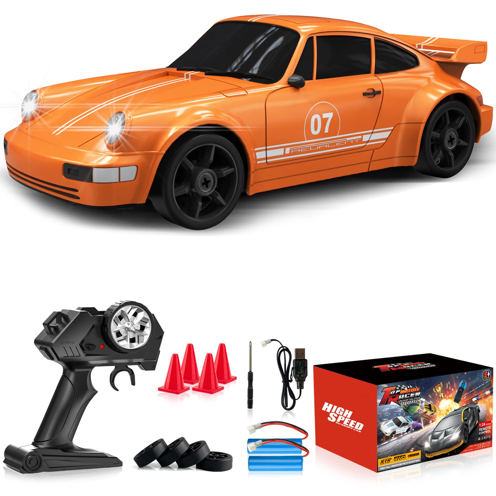 LFOLUSU RC drift car front view with LED lights for night racing