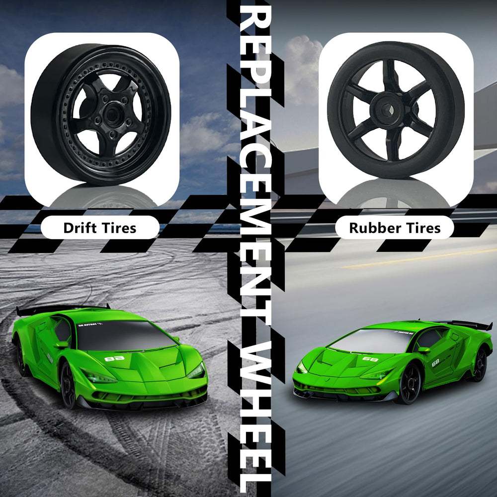 LFOLUSU RC drift car includes interchangeable tires for drift and fast racing.