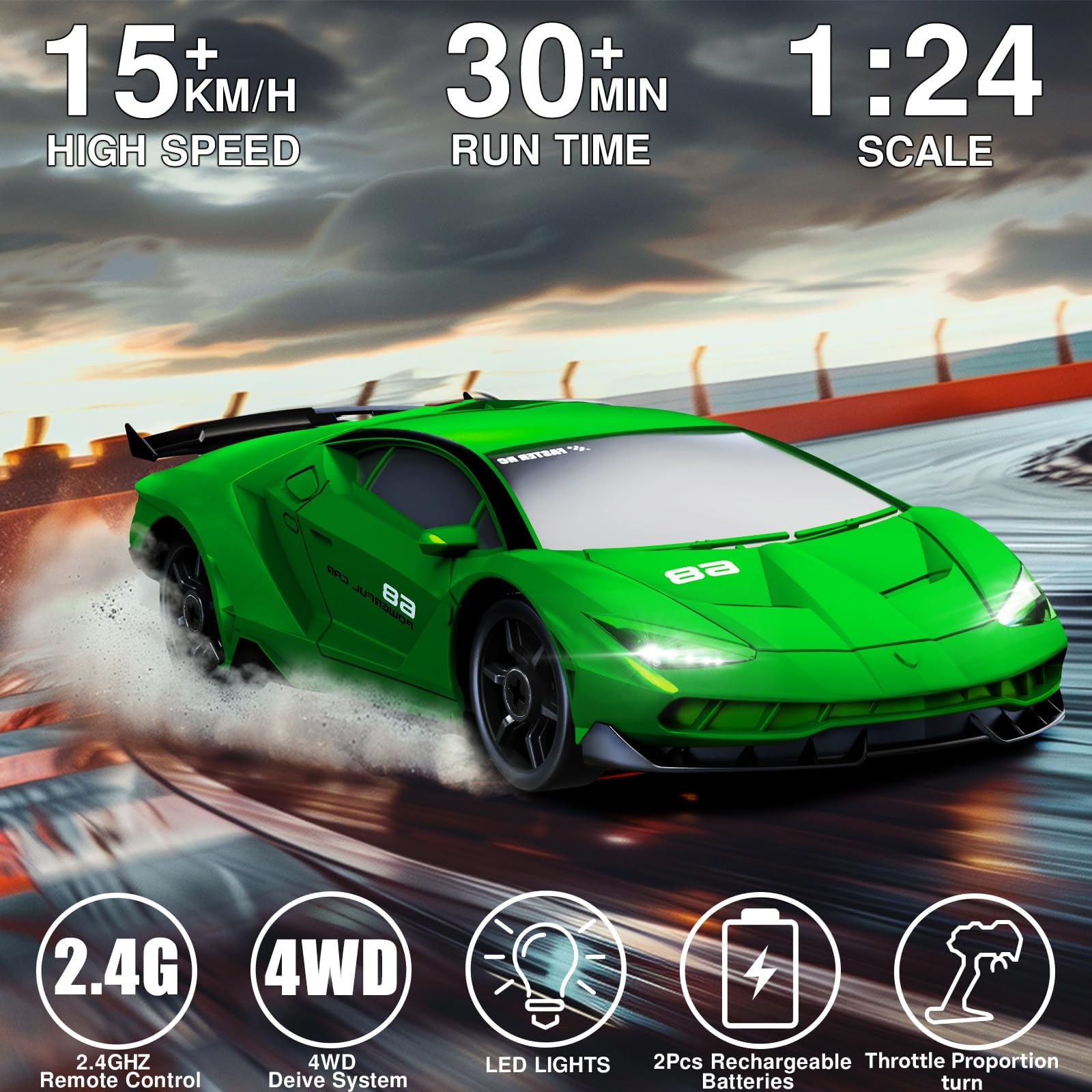 LFOLUSU RC drift car side view highlights its agile drift capability on demand.