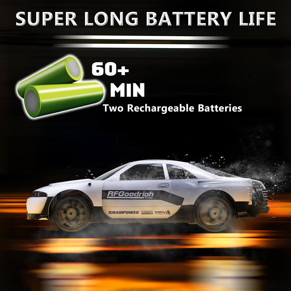 LFOLUSU drift car includes two 500mAh batteries for longer play.