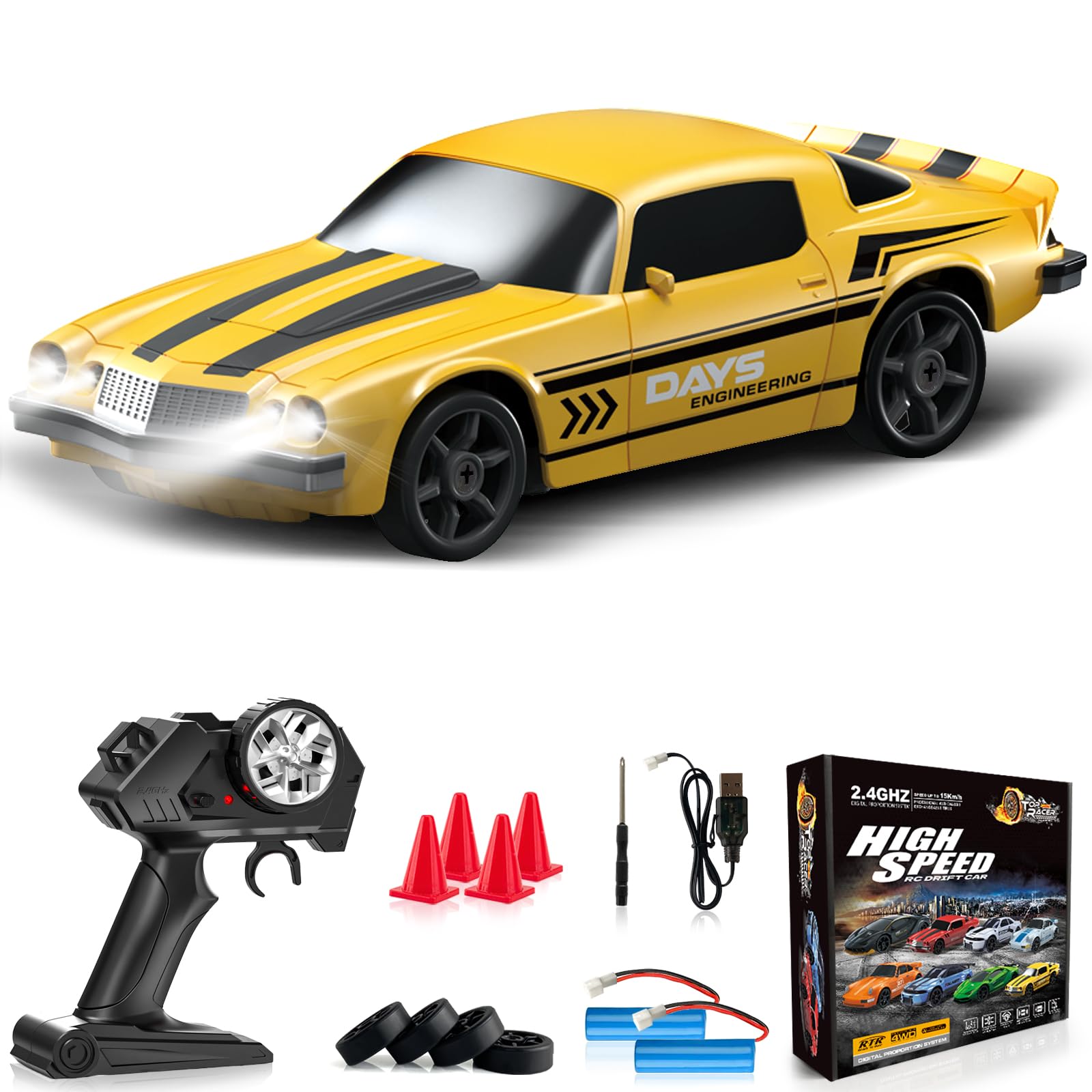 LFOLUSU remote control car with front LED lights for night play.
