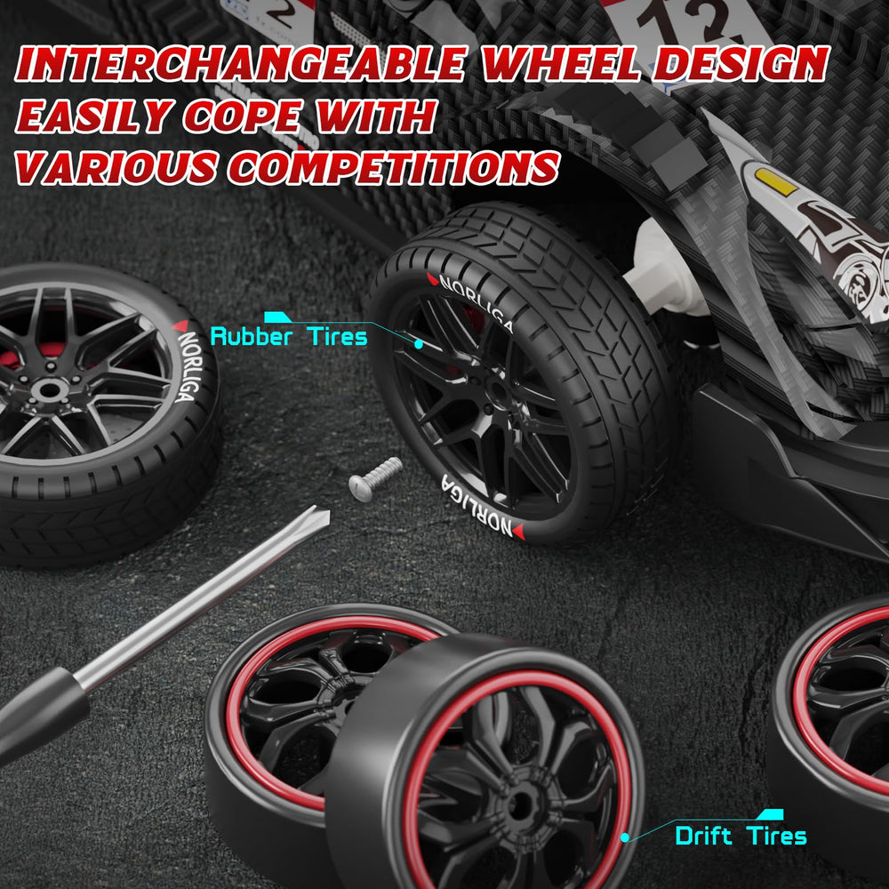 LFOLUSU RC drift car comes with rechargeable batteries for longer sessions.