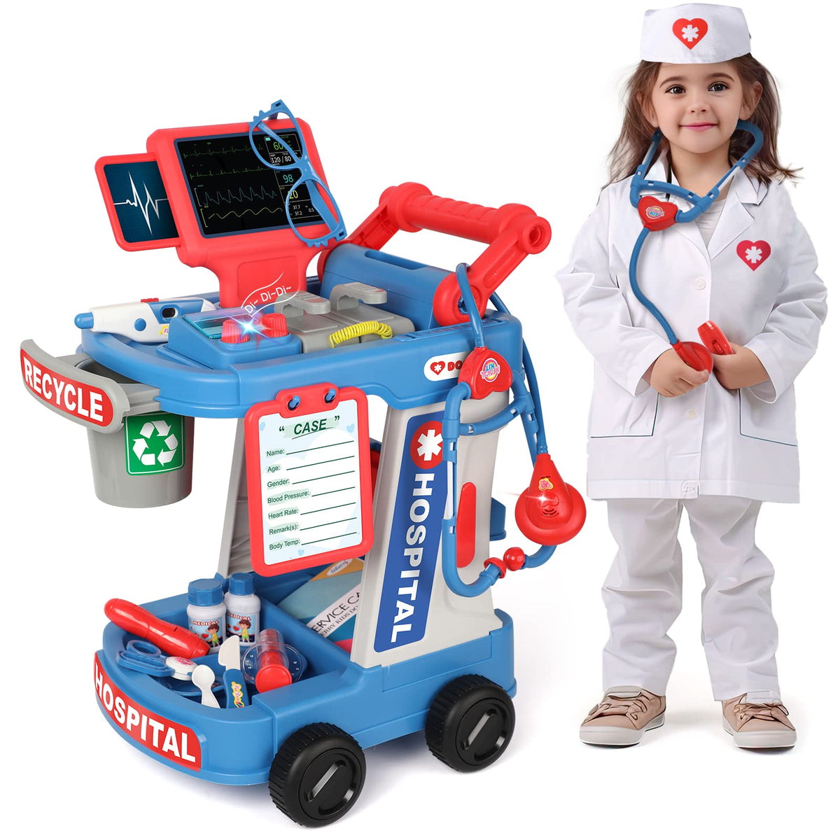 Liberry doctor cart blue with lights for immersive pretend play at home.