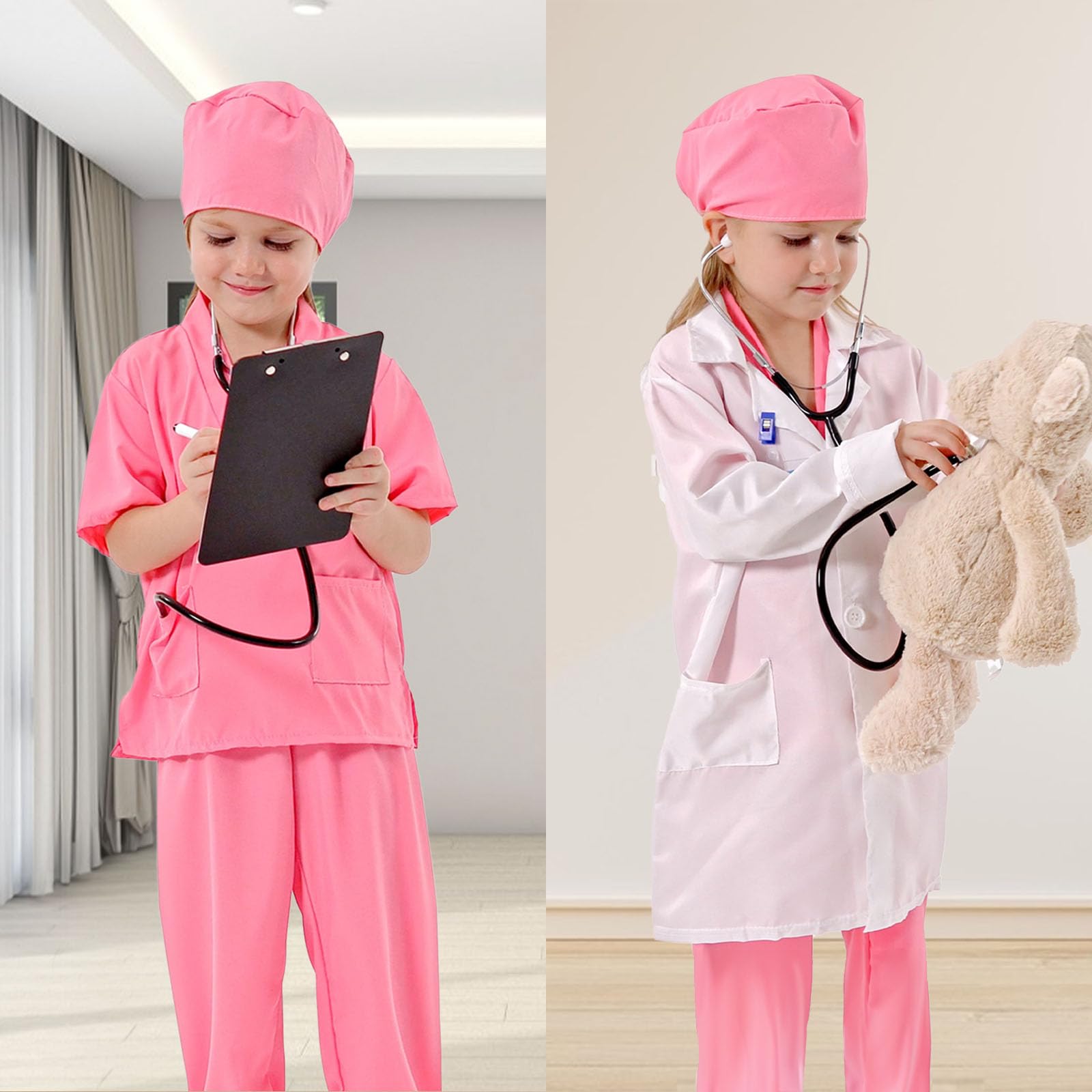 Liberry doctor costume stethoscope lets children imagine heartbeat checks during pretend visits.