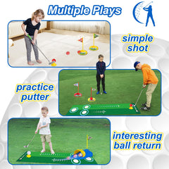 Putting mat helps refine aim and motor coordination during practice.