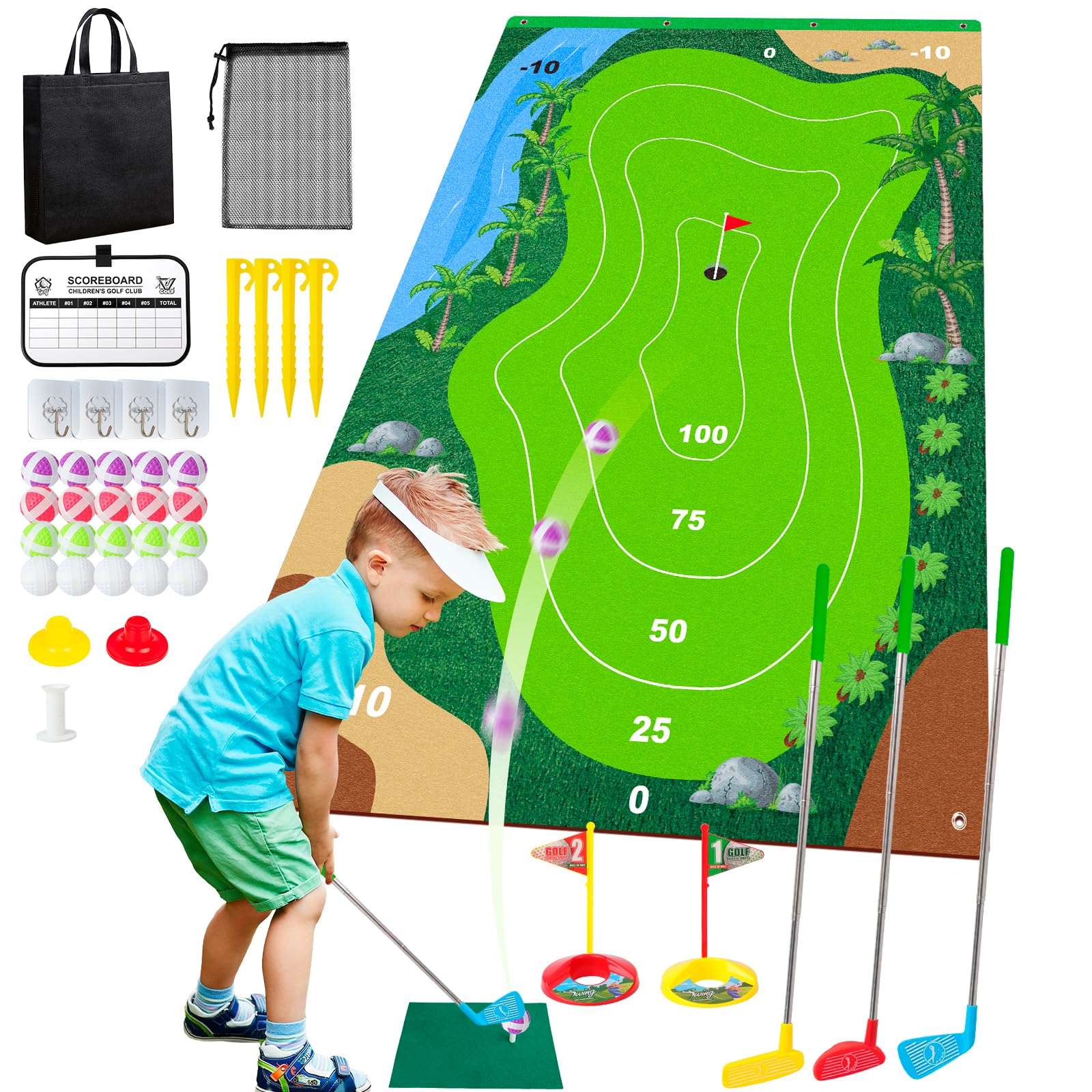 Liberry Kids Golf Set green chipping mat for precise indoor practice.
