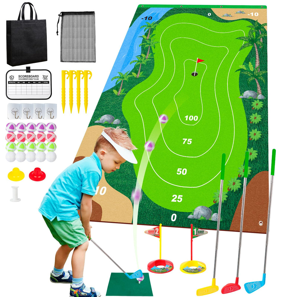 Liberry Kids Golf Set green chipping mat for precise indoor practice.