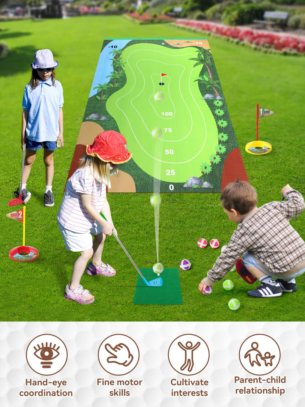 Liberry Kids Golf Set ground stakes help mats stay put outdoors.