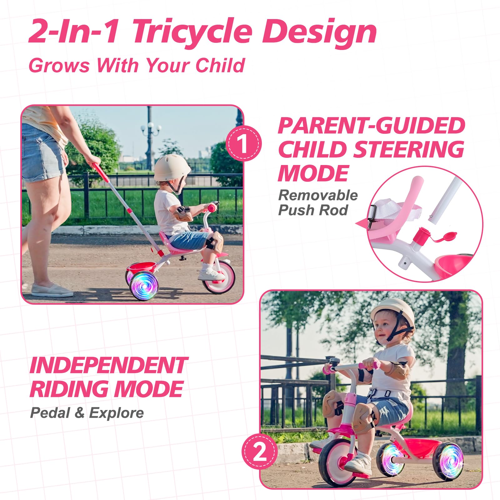 Liberry rear light-up wheels on tricycle illuminate outdoor play.