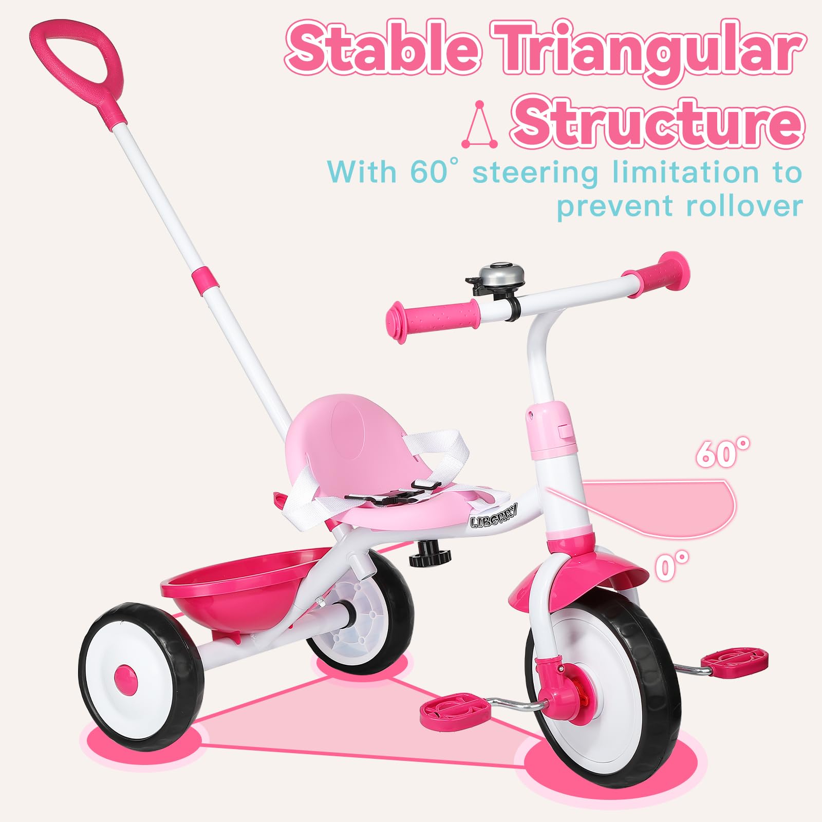 Liberry pink toddler tricycle ride-on mode with child in riding position.