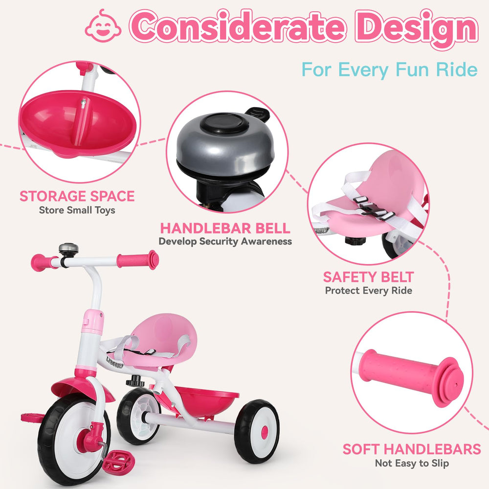 Liberry tricycle pink rear basket photo shows convenient toy and snack storage.