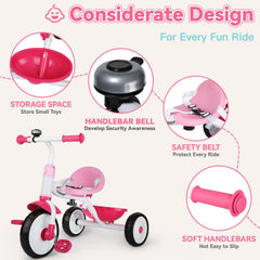Liberry tricycle pink rear basket photo shows convenient toy and snack storage.