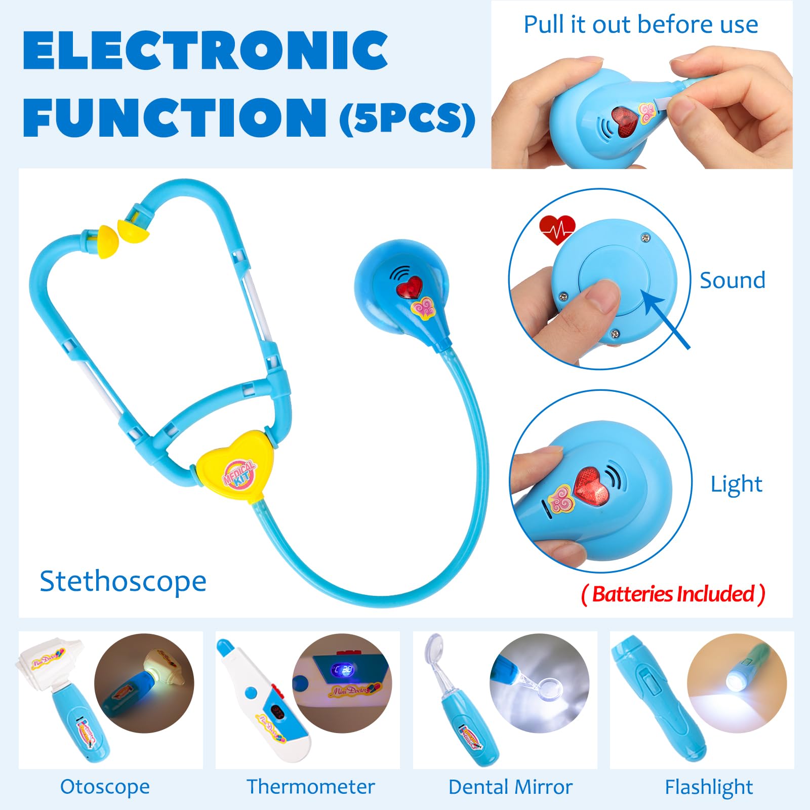 Liberry thermometer and otoscope with lights enhance immersive learning during play.
