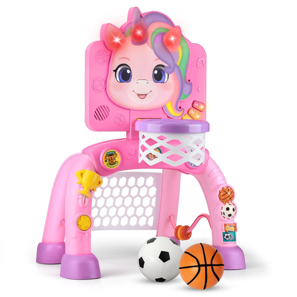 Liberry toddler basketball hoop and soccer goal assembled set with bright lights for interactive play.