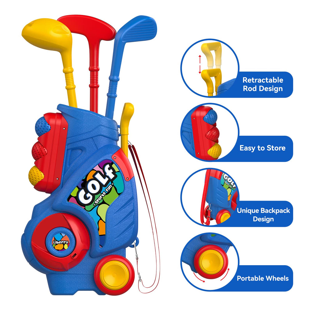 Liberry toddler golf set practice mat shows ball trajectory indoors.