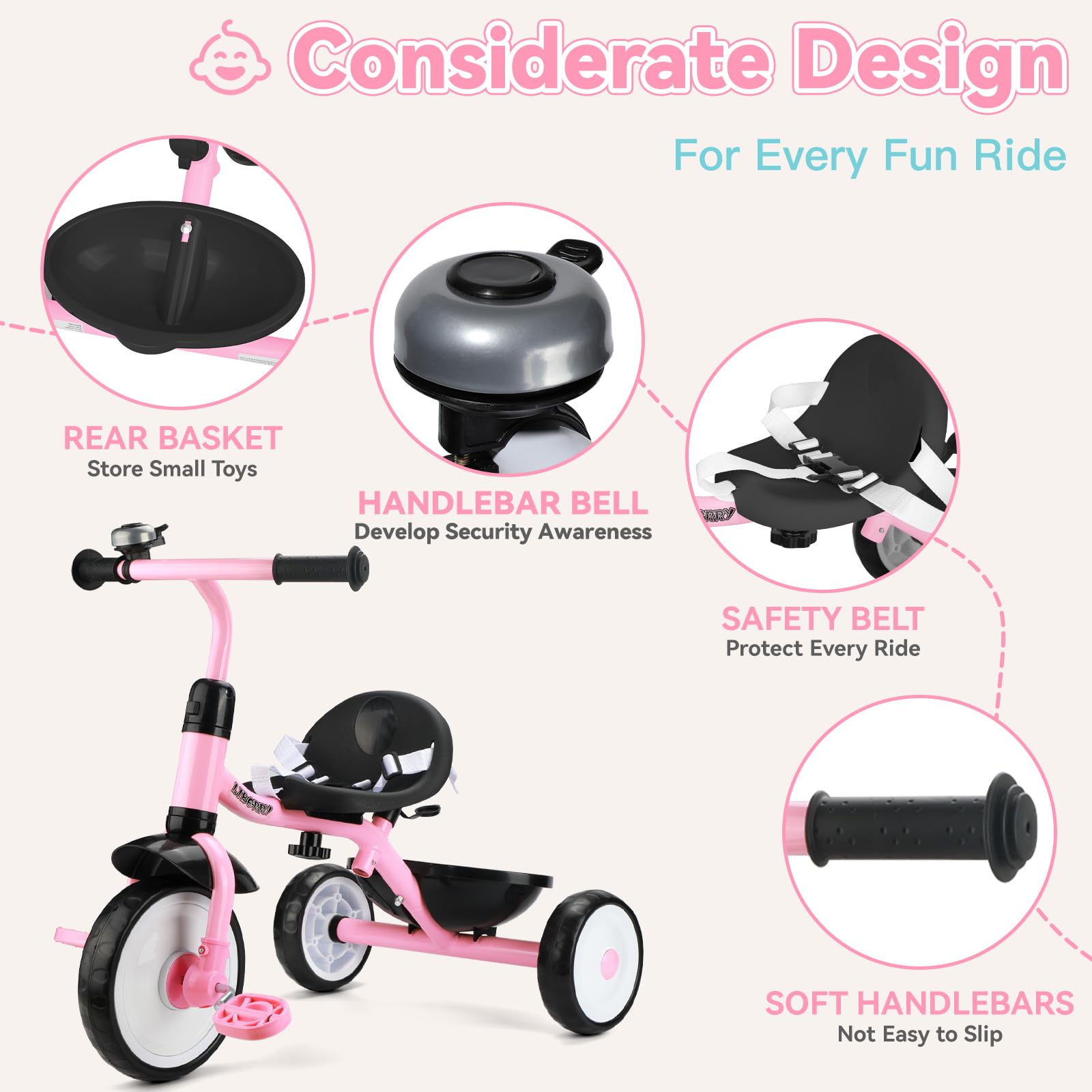 Liberry basket storage for snacks and toys on outings.