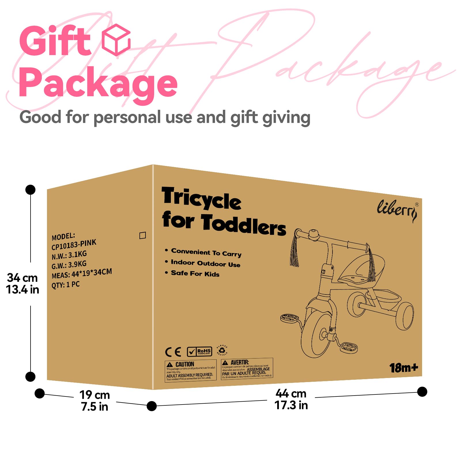 Gift-set packaging makes Liberry pink tricycle a ready present.