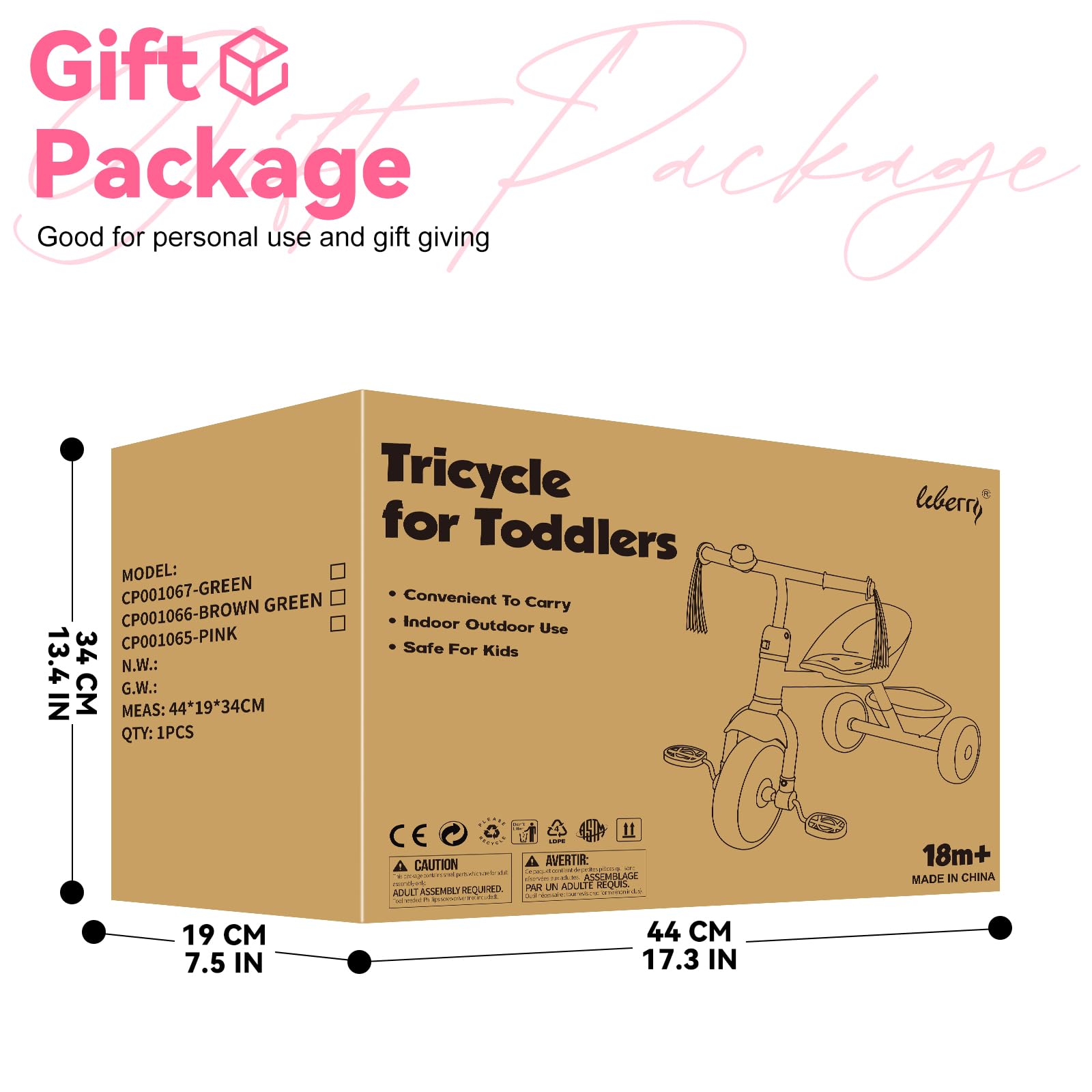 Liberry toddler tricycle pink 60-degree steering limit promotes stable turns.