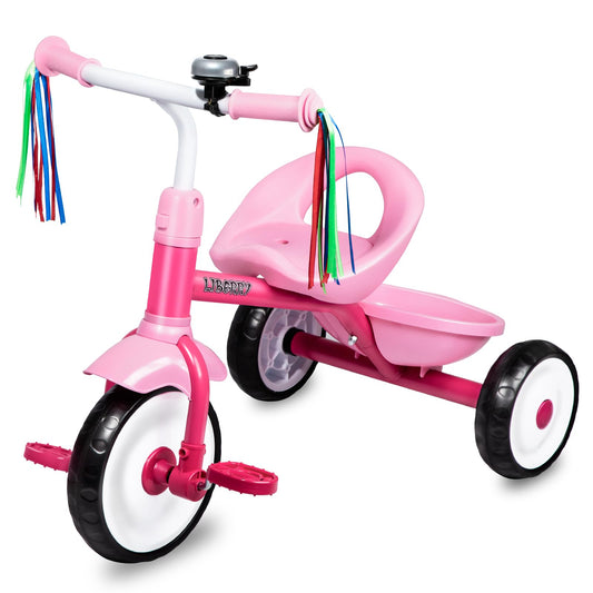 Liberry toddler tricycle pink front view offers a safe ride for indoor and outdoor play.