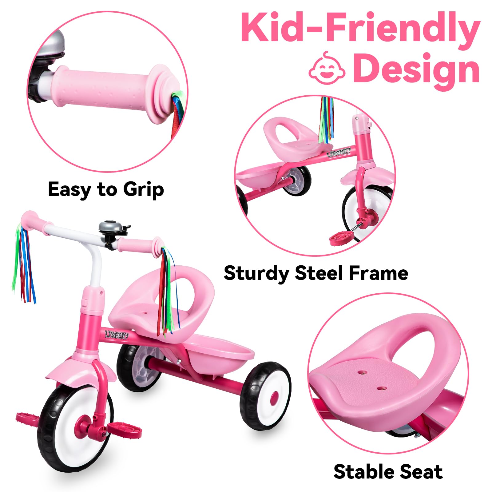 Liberry toddler tricycle pink rear view with back basket supports easy on-the-go storage.