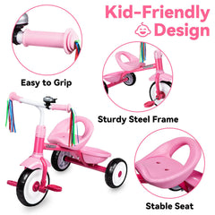 Liberry toddler tricycle pink rear view with back basket supports easy on-the-go storage.