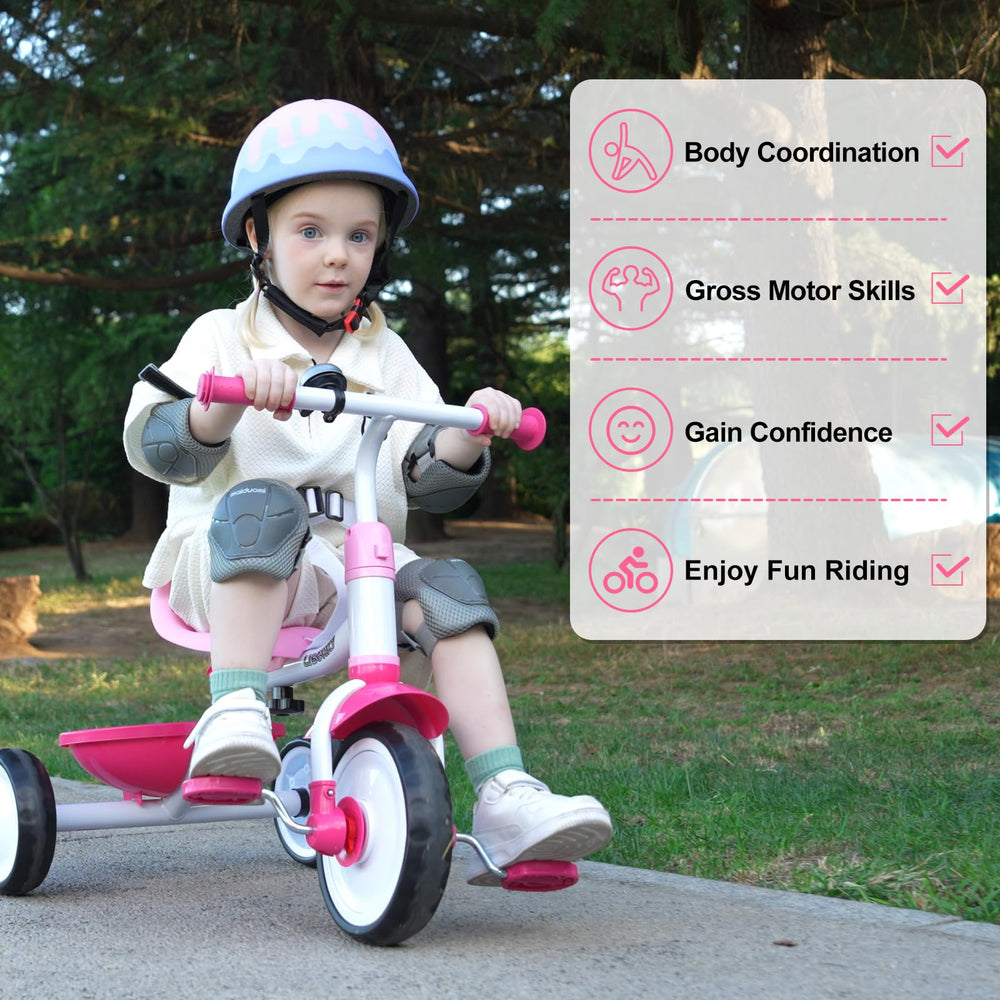 Liberry pink tricycle safety belt close-up underlines secure seating for confidence.