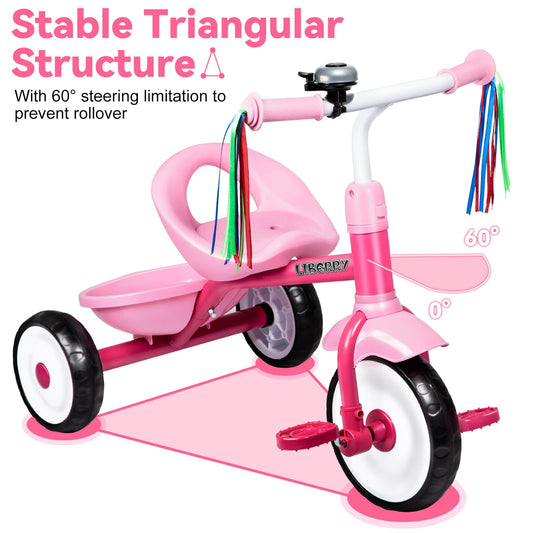 Liberry toddler tricycle pink side view features easy-grip handles for confident steering.