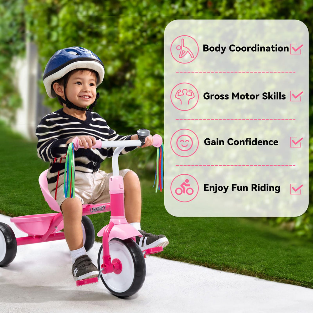 Liberry toddler tricycle pink steel frame closeup highlights durability.