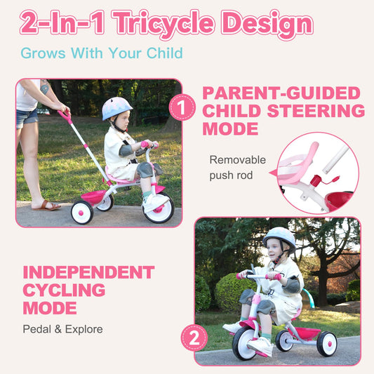 Liberry toddler trike pink push-handle side view emphasizes adjustable parent guide.