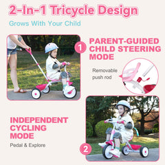 Liberry toddler trike pink push-handle side view emphasizes adjustable parent guide.