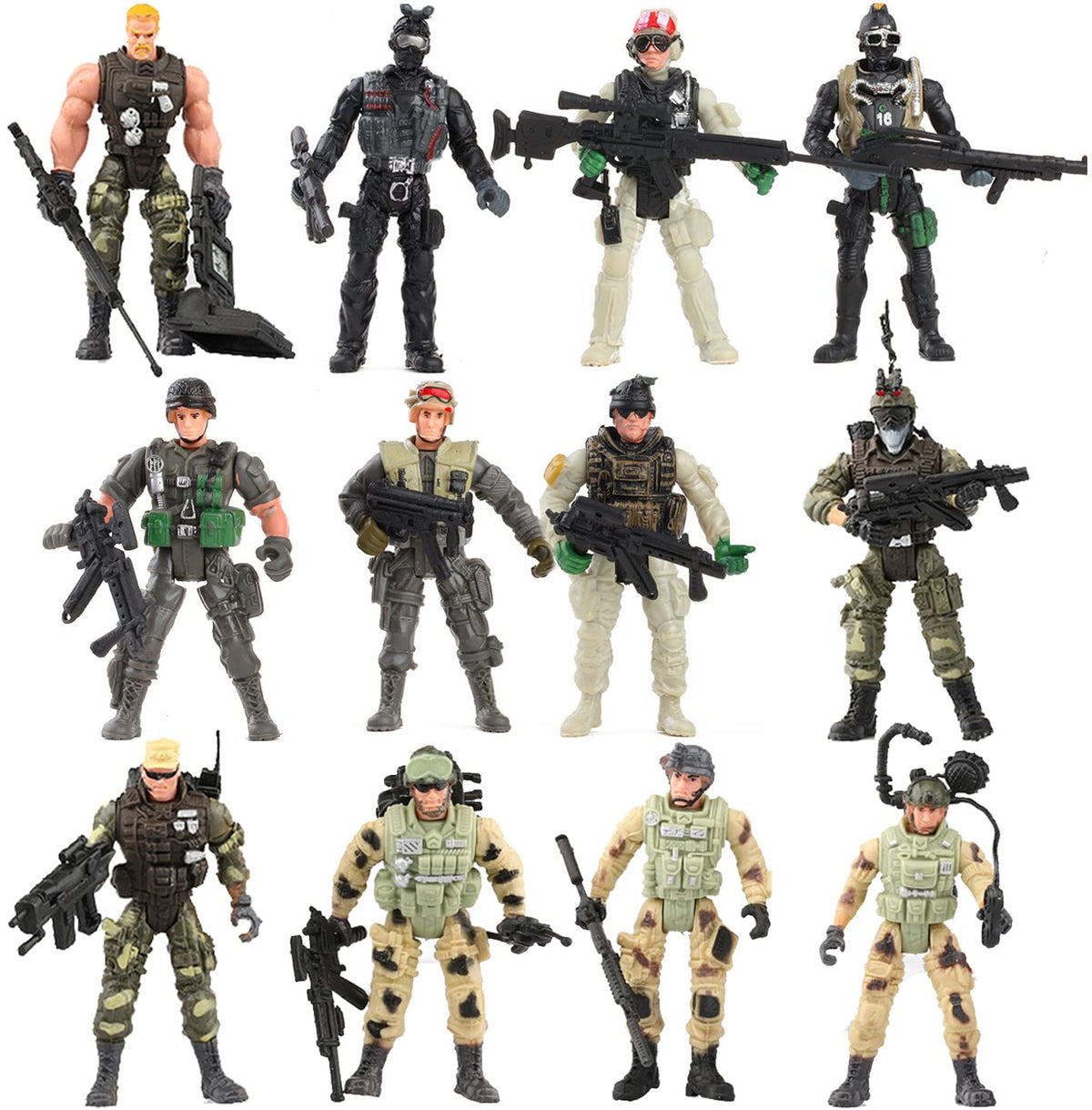 Liberty Imports 12-pack army soldiers laid out for imaginative battle play.