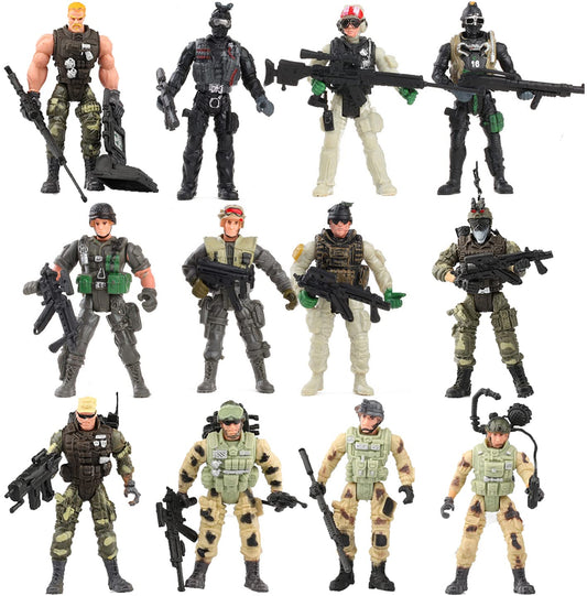 Liberty Imports 12-pack army soldiers laid out for imaginative battle play.