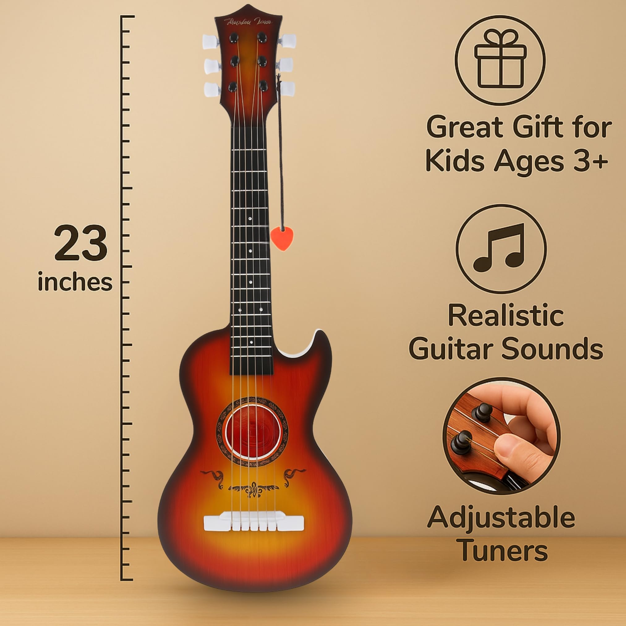 Liberty Imports 23-inch guitar gift box packaging with pick and extra strings.