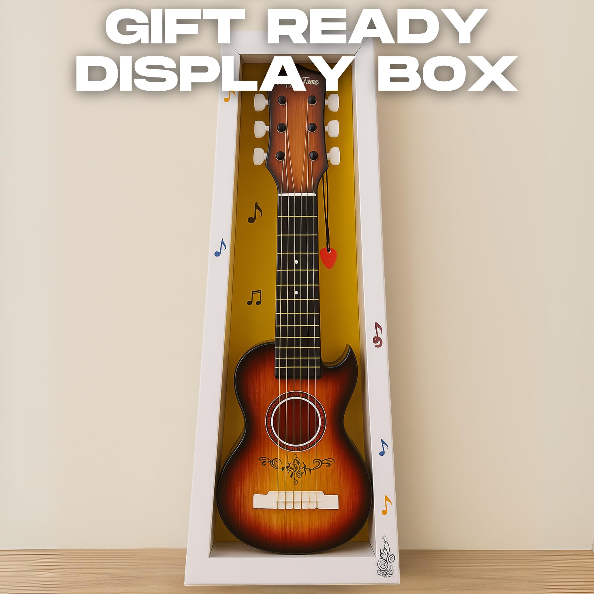 Liberty Imports 23-inch guitar headstock close-up with tuners and strings.