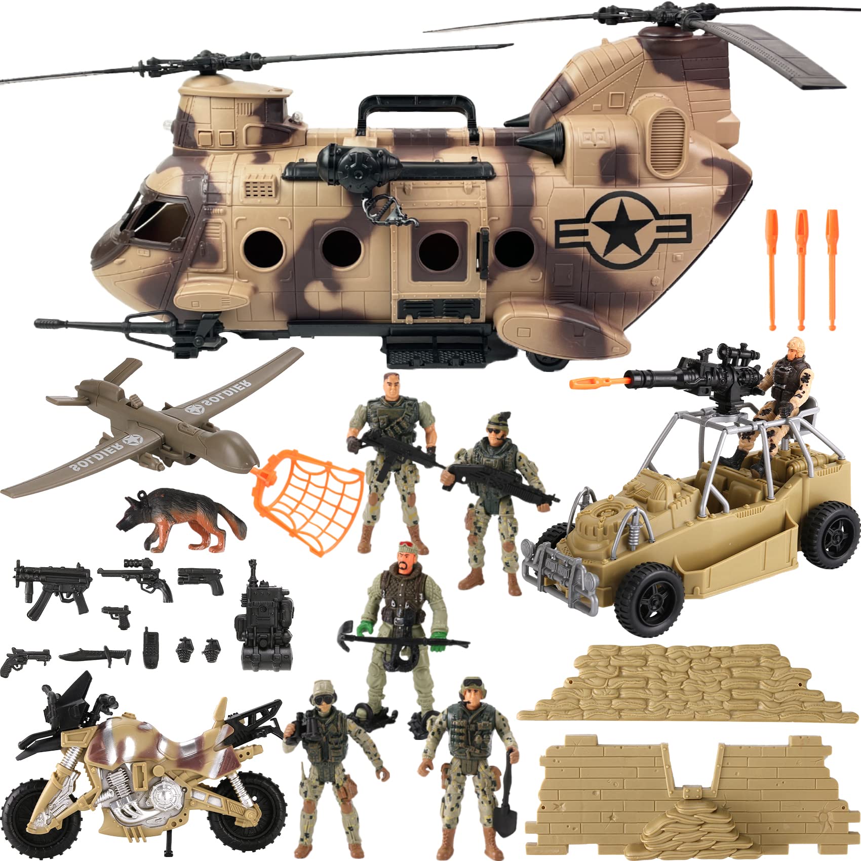 Liberty Imports 26-piece army men set with helicopter invites immersive pretend play with lights.