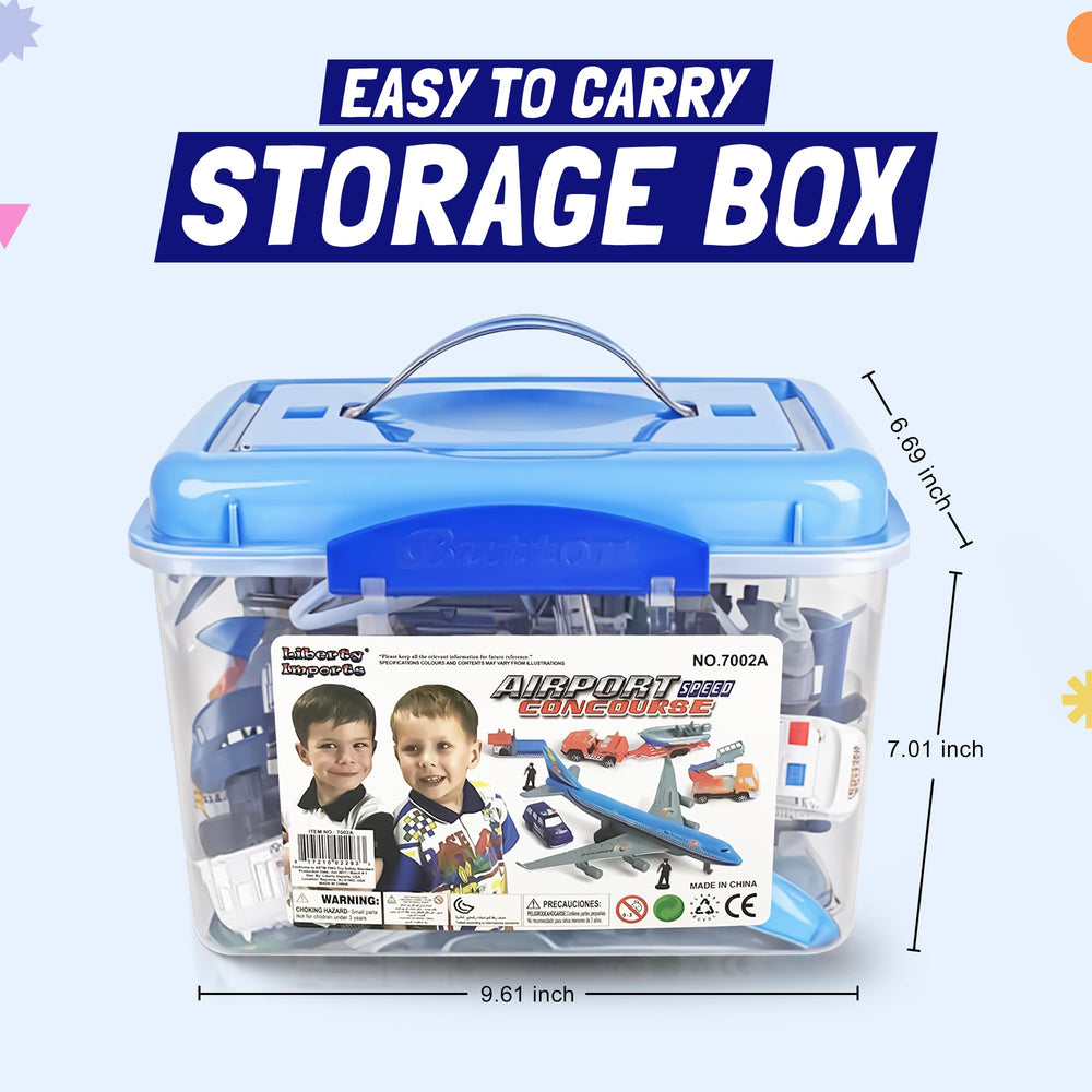 Liberty Imports airport playset storage bucket for easy cleanup and portability.