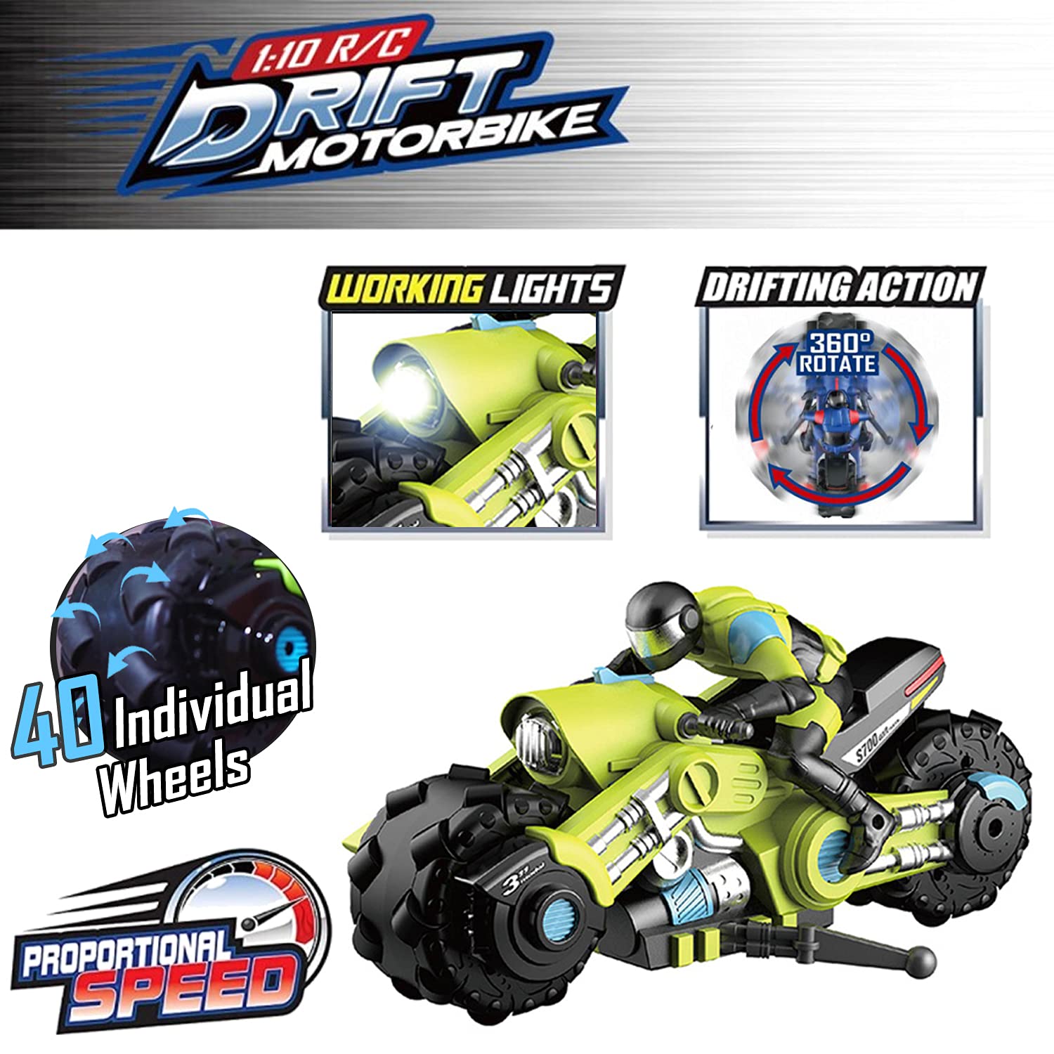 Liberty Imports Cyclone Drift RC Bike side angle highlights diagonal skids and stability