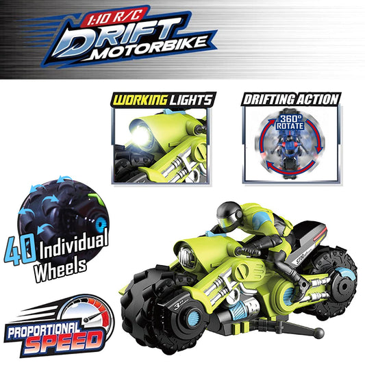 Liberty Imports Cyclone Drift RC Bike side angle highlights diagonal skids and stability