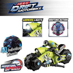 Liberty Imports Cyclone Drift RC Bike side angle highlights diagonal skids and stability