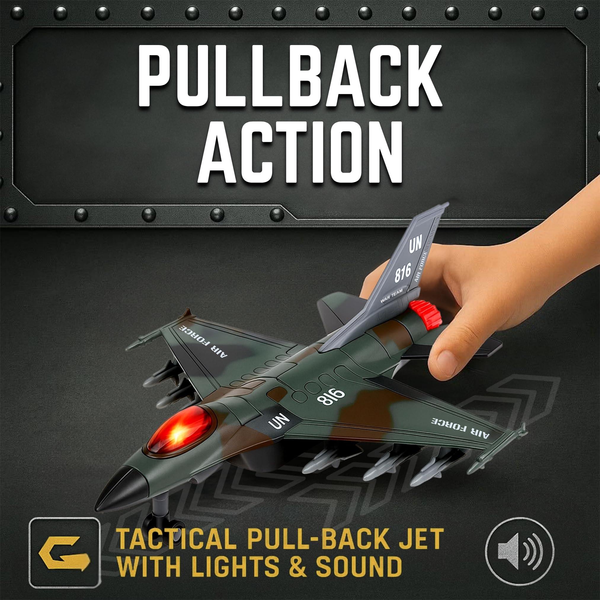 Liberty Imports diecast fighter jet toy sounds add realistic effects.