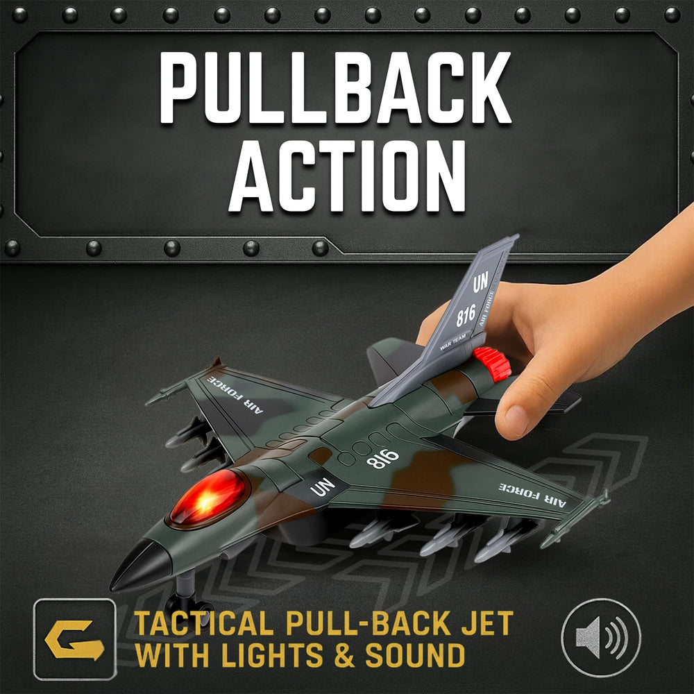 Liberty Imports diecast fighter jet toy sounds add realistic effects.