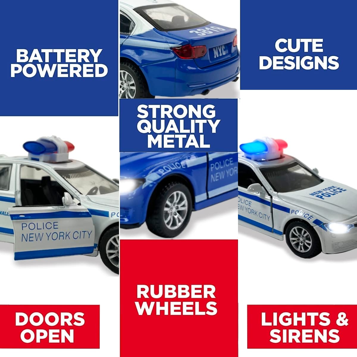 Liberty Imports diecast NY police car front doors open for dramatic entrances.