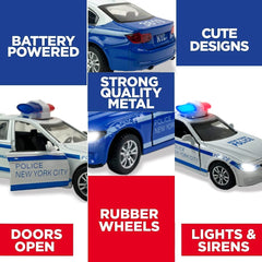 Liberty Imports diecast NY police car front doors open for dramatic entrances.
