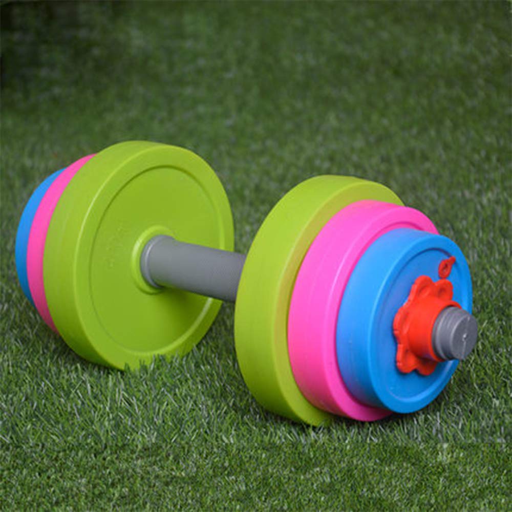 Liberty Imports kids practicing curls and lifts with the toy dumbbell.