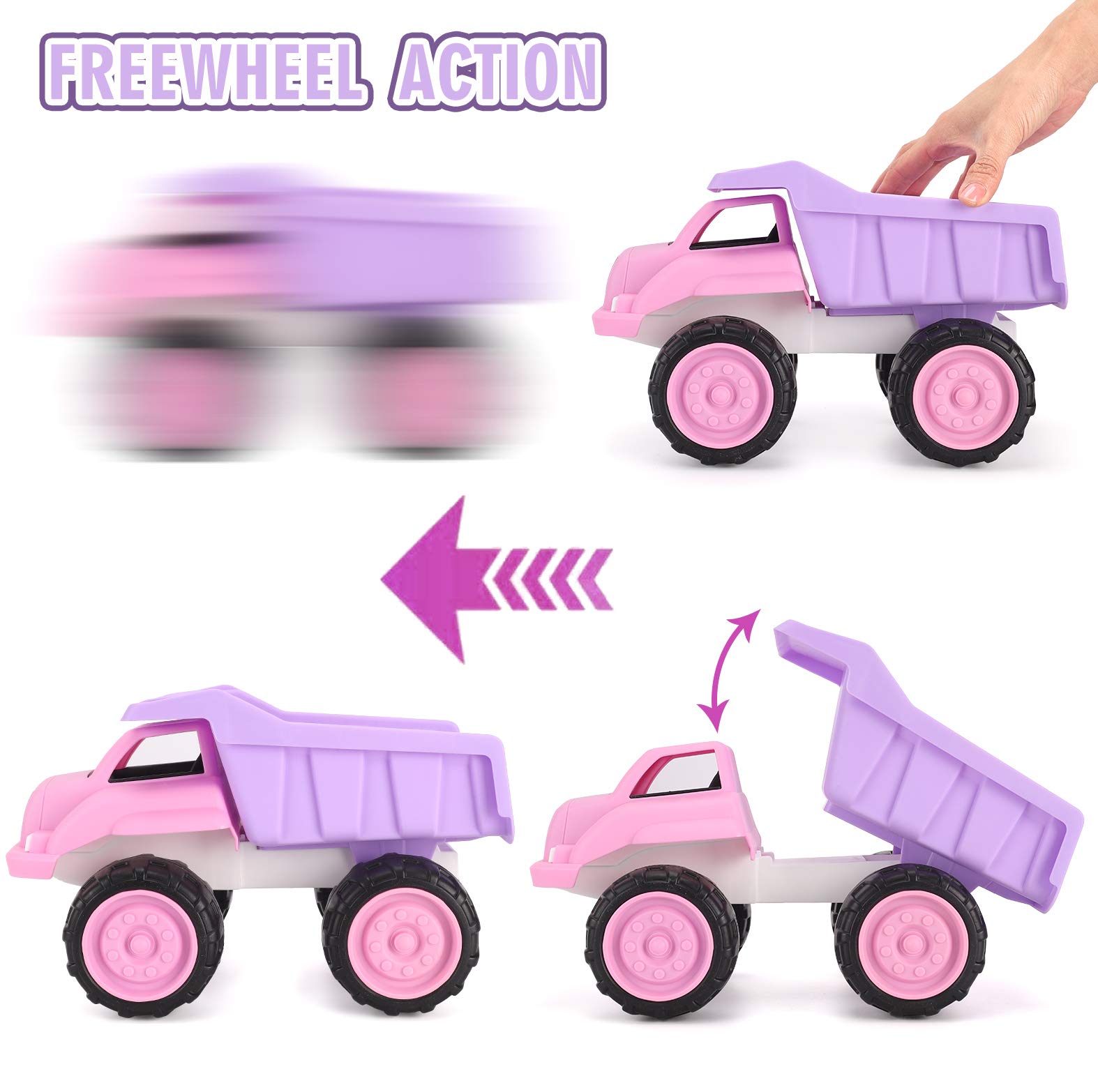 Liberty Imports pink dump truck side view highlights durable ABS construction
