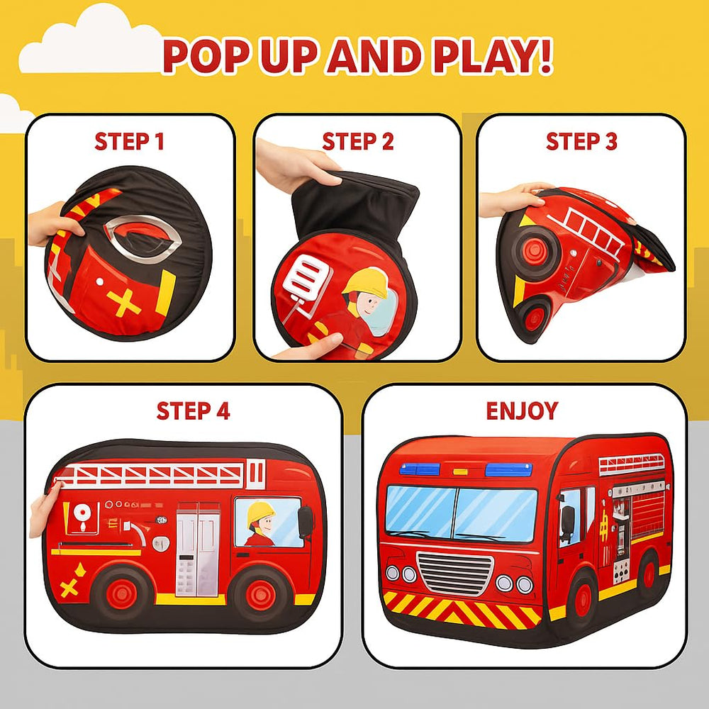 Liberty Imports fire truck pop-up tent ready for quick assembly with no tools.